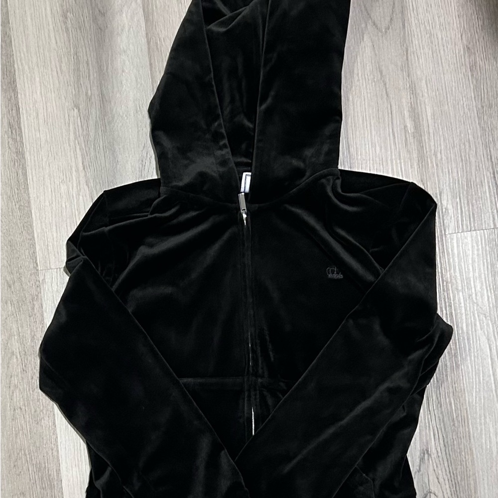 Black Velvet Hooded Zip-Up Jacket